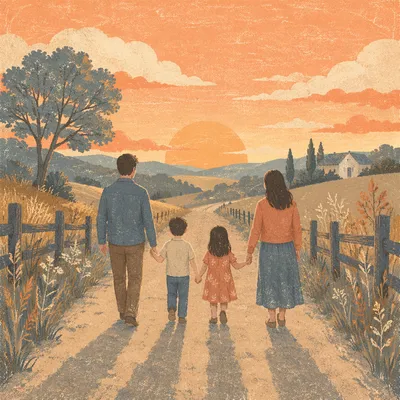 Family Walking Country Road at Sunset