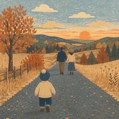Family Walking Country Road at Sunset