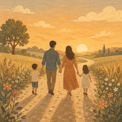 Family Walking Country Road at Sunset