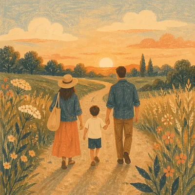 Family Evening Walk on Country Road