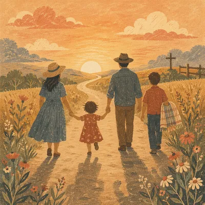 Family Walking Country Road at Sunset