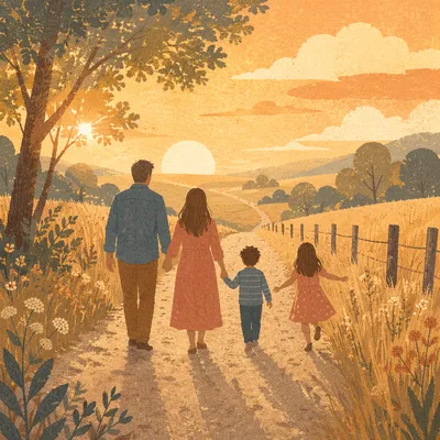 Christian Family Walking Country Road at Sunset