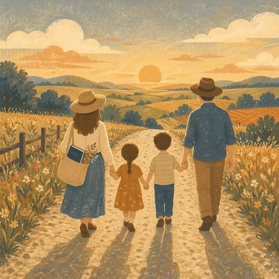 Family Sunset Walk on Country Road