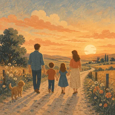 Family Walking Country Road at Sunset