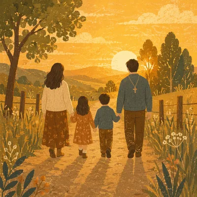 Family Walking Country Road at Sunset