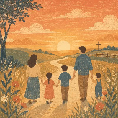 Family Walking Country Road at Sunset