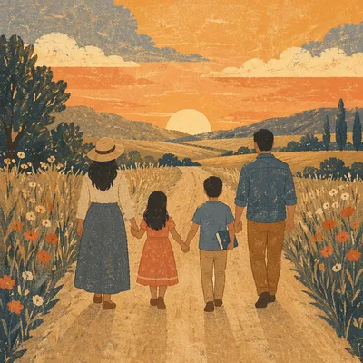 Family Walking Country Road at Sunset