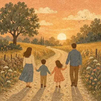 Family Walking Country Road at Sunset