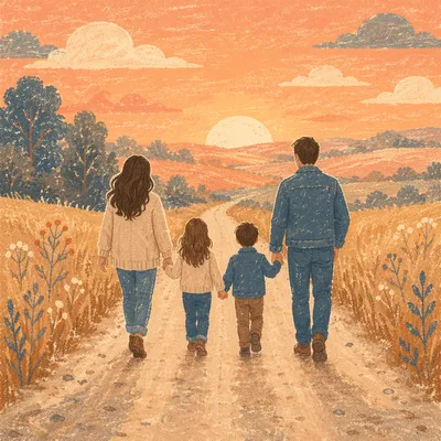 Family Walking Country Road at Sunset