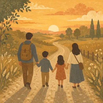 Family Walking Country Road at Sunset