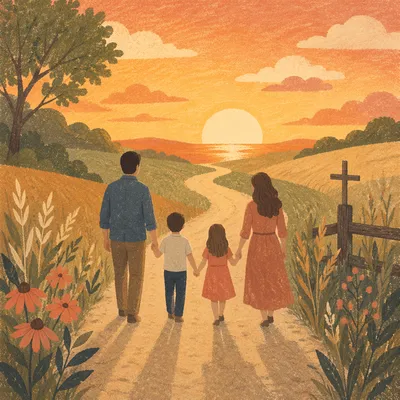 Family Walking Country Road at Sunset