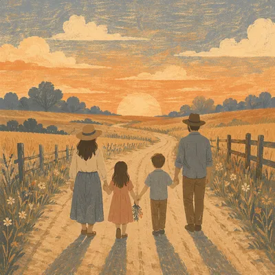 Family Sunset Walk on Country Road