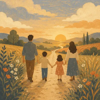 Family Walking Country Road at Sunset