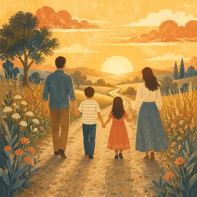Family Walking Country Road at Golden Sunset