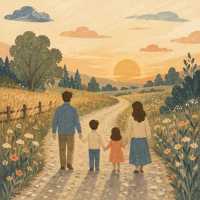 Family Walking Country Road at Sunset
