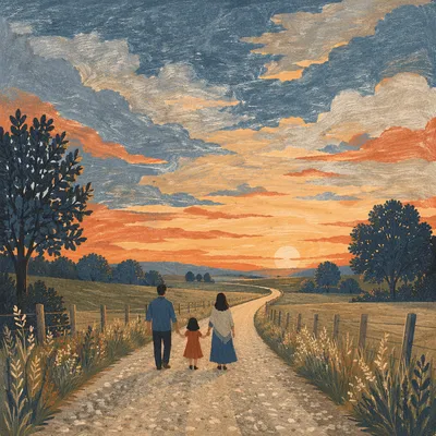 Family Walking Country Road at Sunset
