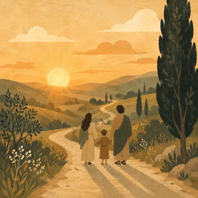 Family Walking Country Road at Sunset