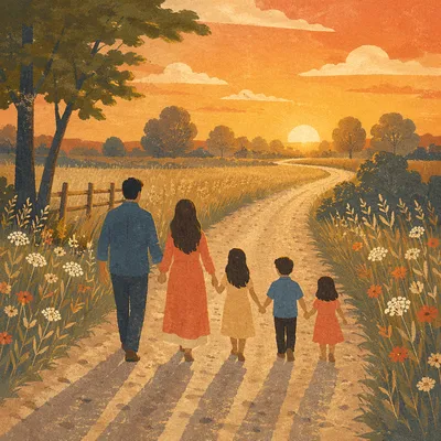 Family Walking Country Road at Sunset