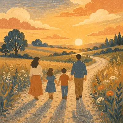 Family Walking Country Road at Sunset