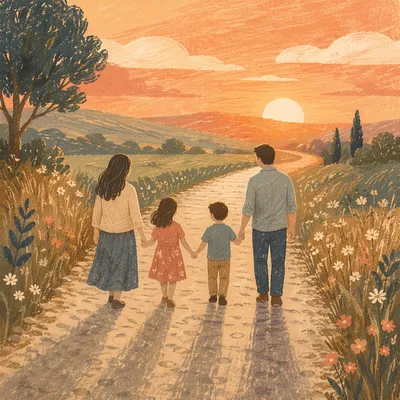 Family Walking Country Road at Sunset