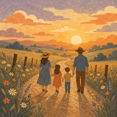 Family Walking Country Road at Sunset