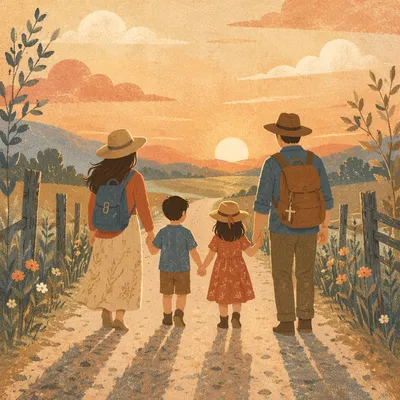 Family Walking Country Road at Sunset
