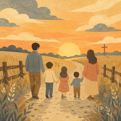 Family Walking Country Road at Sunset