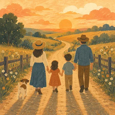 Family Walking Country Road at Sunset