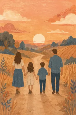 Family Walking Country Road at Sunset
