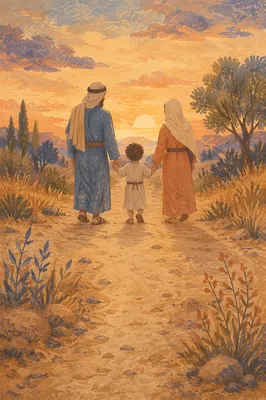 Family Walking Country Road at Sunset