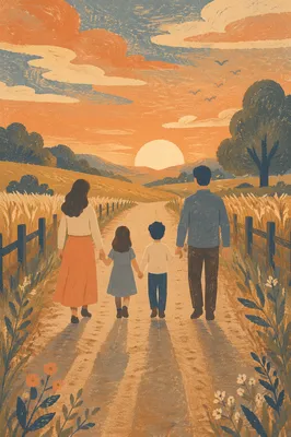 Family Walking Country Road at Sunset