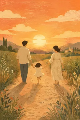 Family Walking Country Road at Sunset