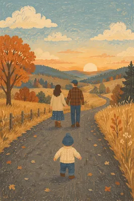Family Walking Country Road at Sunset