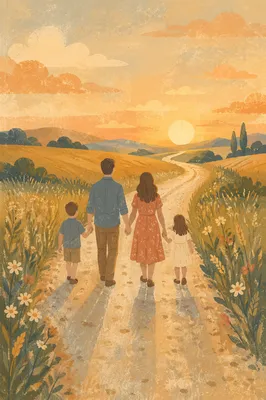 Family Walking Country Road at Sunset