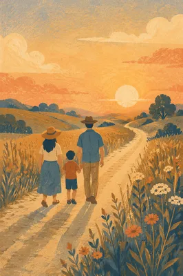 Family Walking Country Road at Sunset