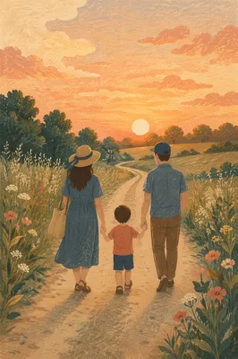 Family Walking Country Road at Sunset