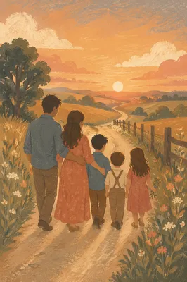 Family Walking Country Road at Sunset