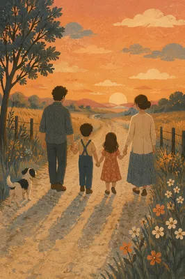 Family Walking Country Road at Sunset
