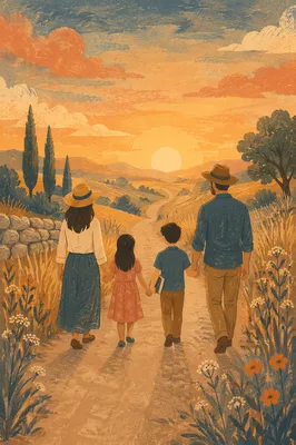 Family Walk on Country Road at Sunset