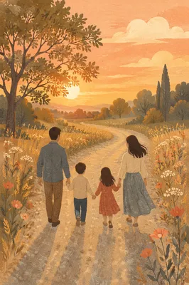 Family Walking Country Road at Sunset