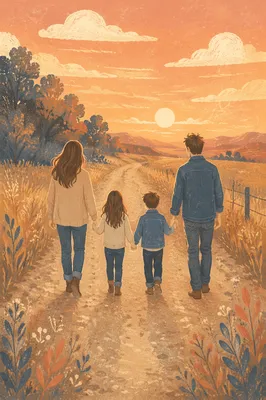 Family Walking Down Country Road at Sunset