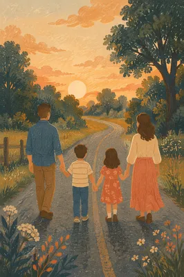 Family Walking Hand in Hand at Sunset