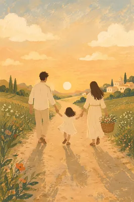 Family Walking Country Road at Sunset
