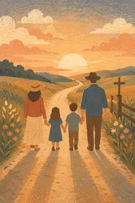 Family Walking Country Road at Sunset