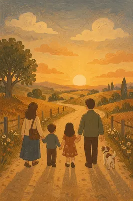 Family Walking Country Road at Sunset