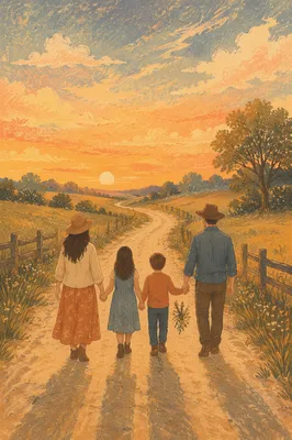 Family Walking Country Road at Sunset