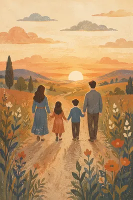 Family Walking Country Road at Sunset