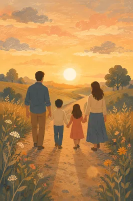Family Walking Country Road at Sunset