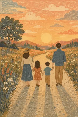 Family Walking Country Road at Sunset