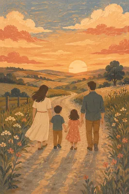 Family Walking Country Road at Sunset